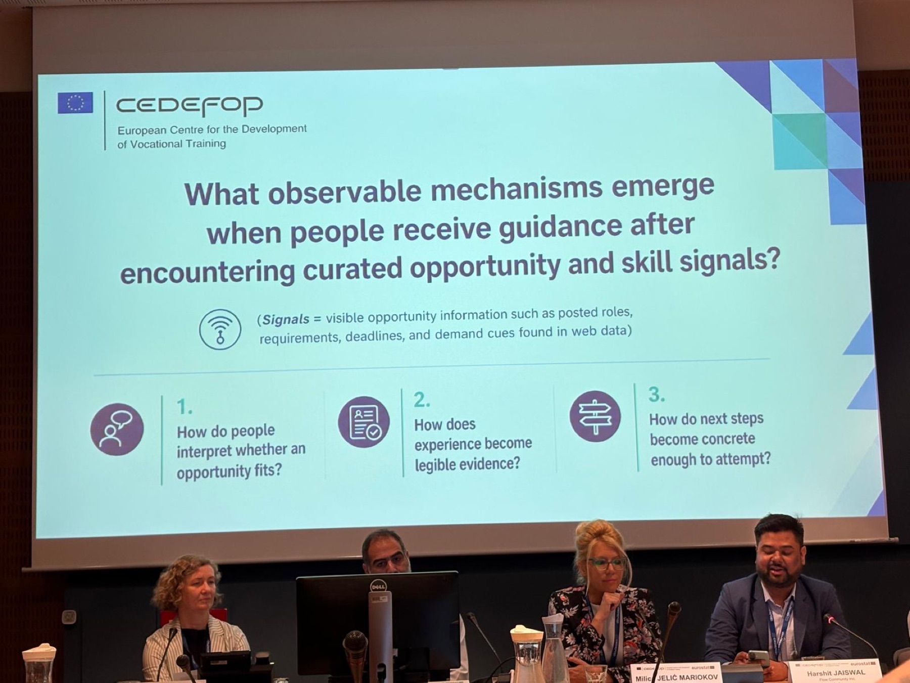 Harshit on the Cedefop panel under a slide about guidance after finding an opportunity